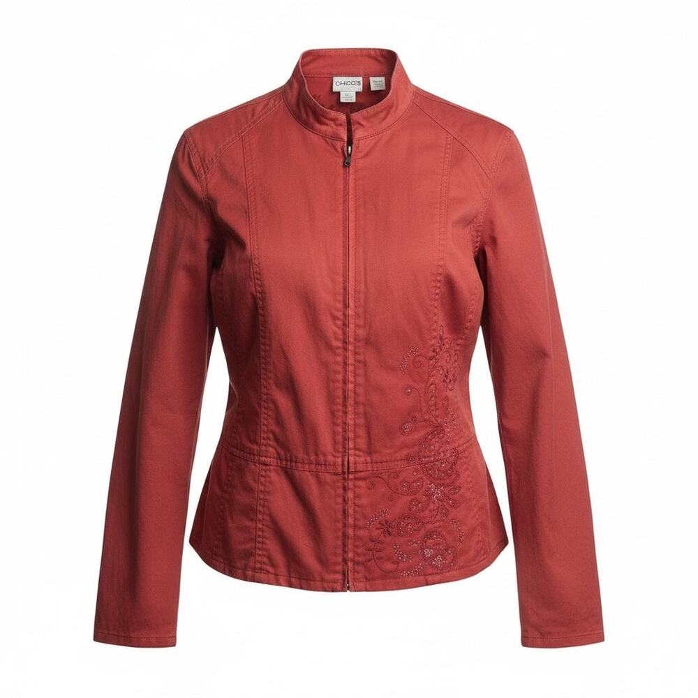 Chico's Size 3 Red Embellished Zip Jacket Paisley Detail